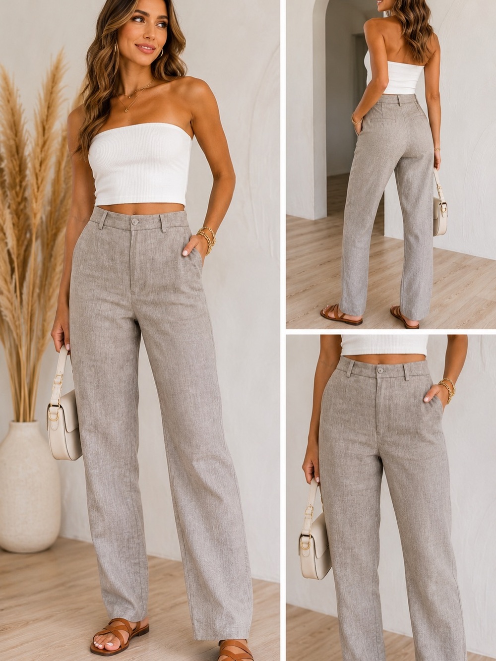 Zara Neutral Linen Blend Trousers Minimalist Coastal Pants S